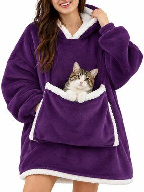 Purple Wearable Blanket Hoodie,Oversized Cat Lovers Sweatshirt Blanket for Adult